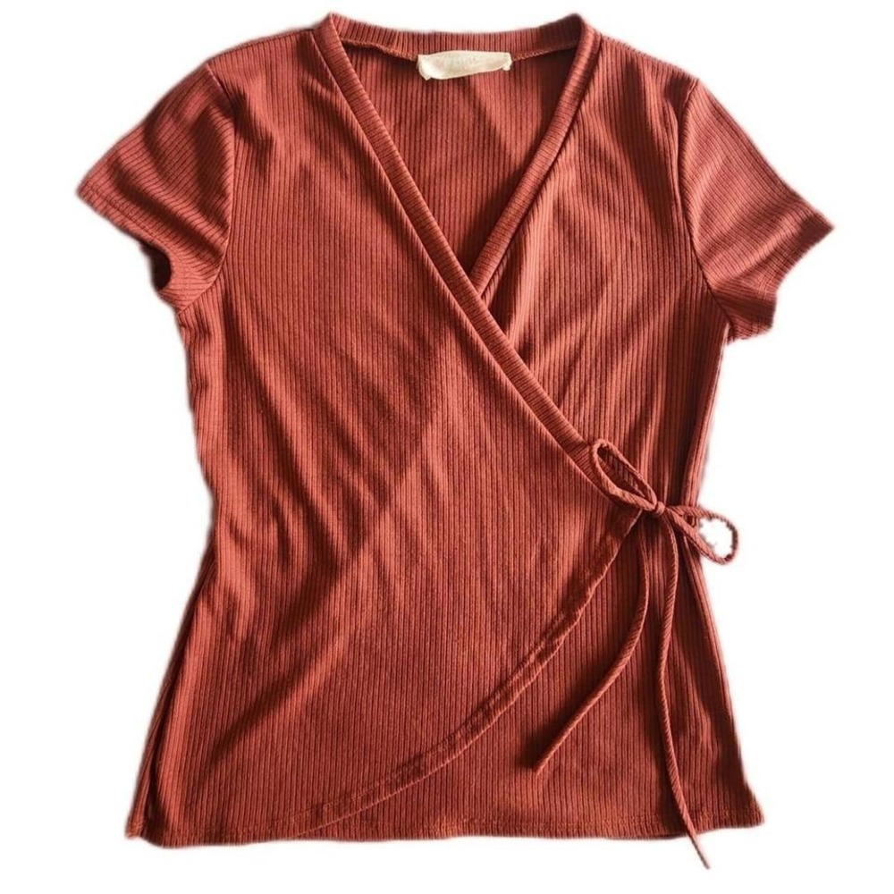 Short Sleeve Ribbed Wrap Cottahecore Orange Top with Tie Detail Junior L